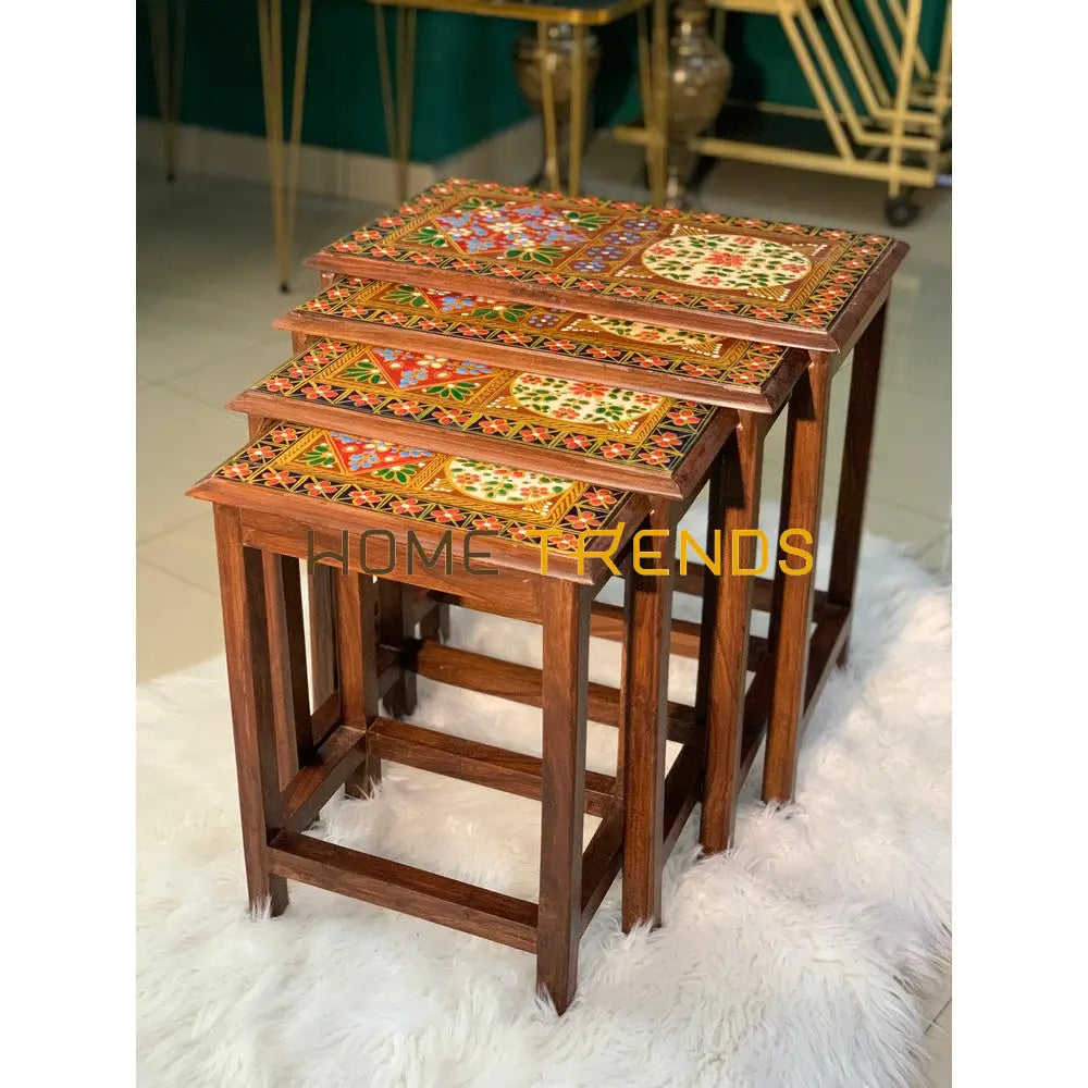 Swati Straight Legs Solid Wood Hand Painted Nesting Table Set Of 4 Tables
