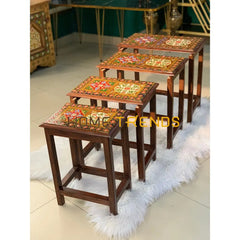 Swati Straight Legs Solid Wood Hand Painted Nesting Table Set Of 4 Tables