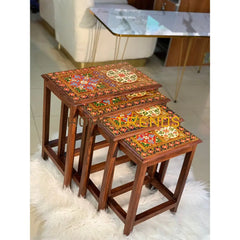 Swati Straight Legs Solid Wood Hand Painted Nesting Table Set Of 4 Tables
