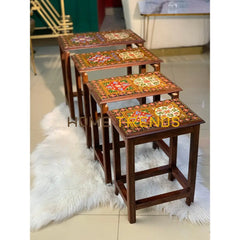 Swati Straight Legs Solid Wood Hand Painted Nesting Table Set Of 4 Tables