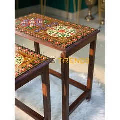 Swati Straight Legs Solid Wood Hand Painted Nesting Table Set Of 4 Tables
