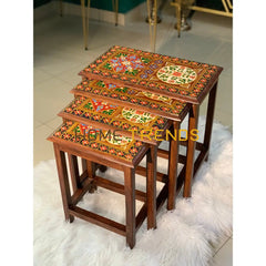 Swati Straight Legs Solid Wood Hand Painted Nesting Table Set Of 4 Tables