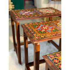 Swati Straight Legs Solid Wood Hand Painted Nesting Table Set Of 4 Tables