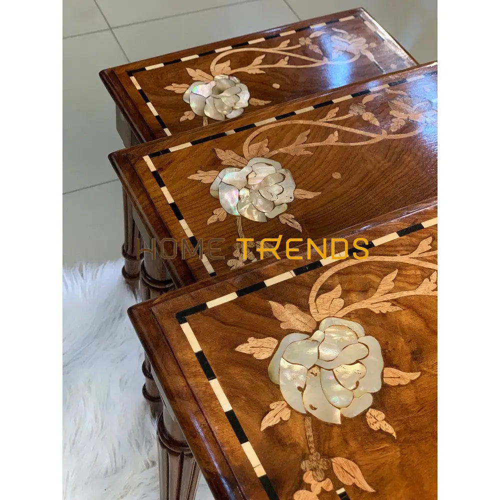 Rose Pearls Inlay Nesting Table Set Of 3 Tables