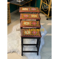 Swati Victorian Solid Wood Hand Painted Nesting Table Set Of 4 Tables