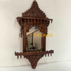 Solid Wood Hand Carved Brown Crown Top Jharoka Large (24W X 2.5D 49H) / Wall Mirrors