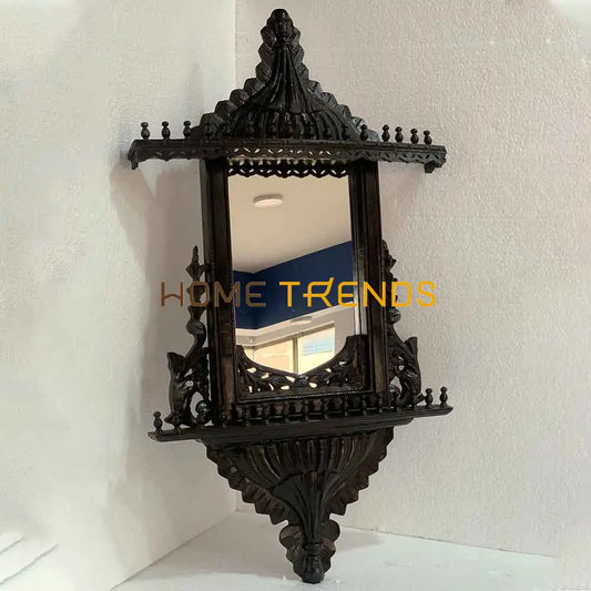 Solid Wood Hand Carved Brown Crown Top Jharoka Small (16W X 1D 27H) / Black Wall Mirrors