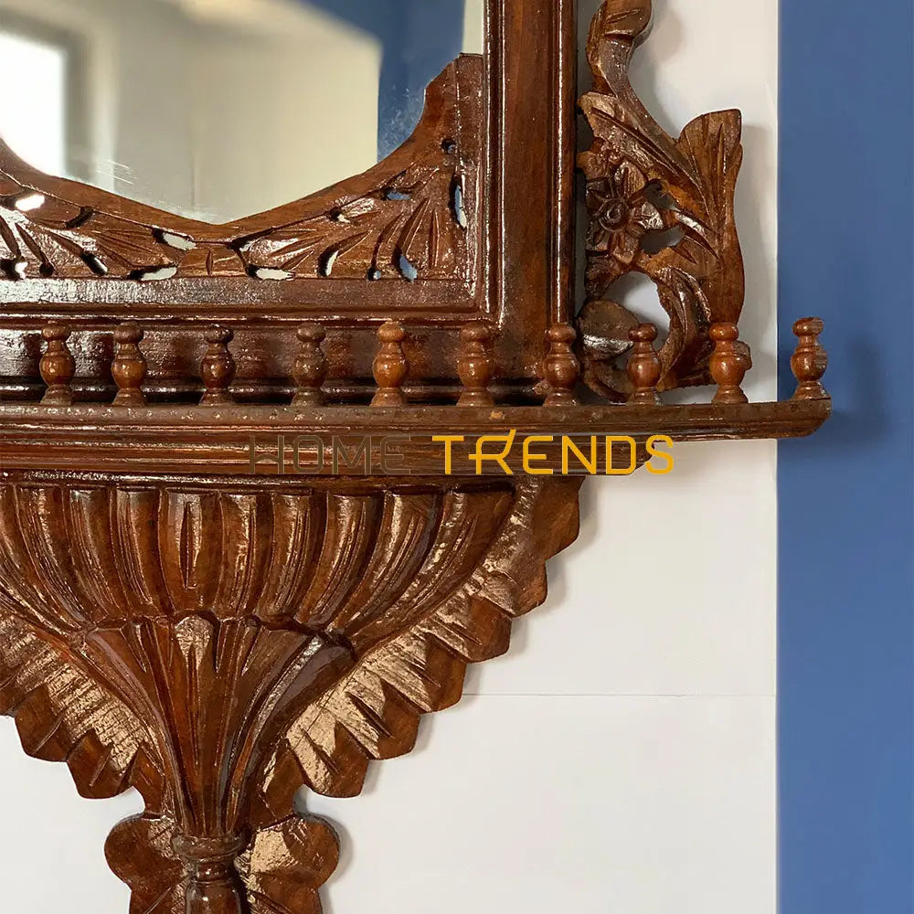 Solid Wood Hand Carved Brown Crown Top Jharoka Wall Mirrors