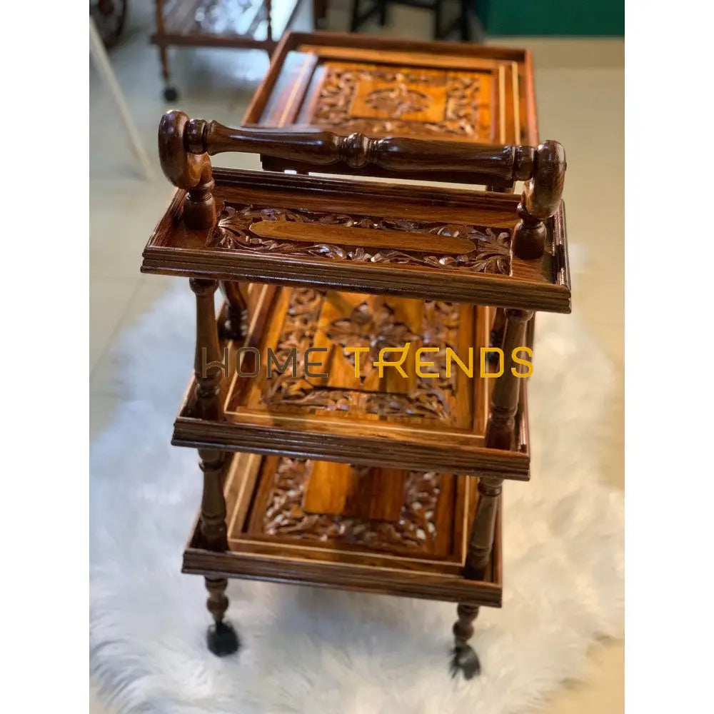 Solid Wood Mesh Multi Tier Rectangular Tea Trolley