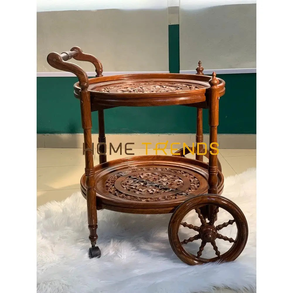 Solid Wood Mesh Round Tea Trolley