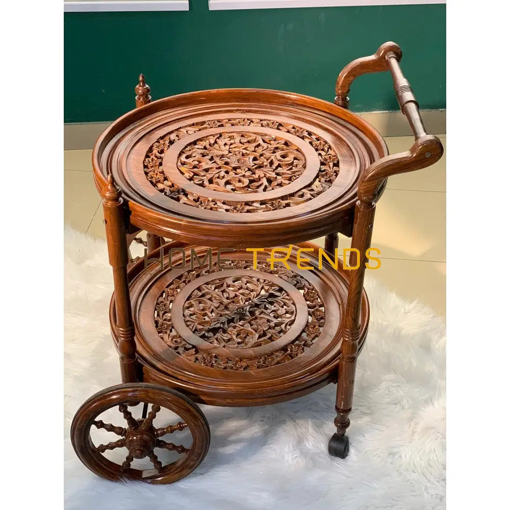 Solid Wood Mesh Round Tea Trolley