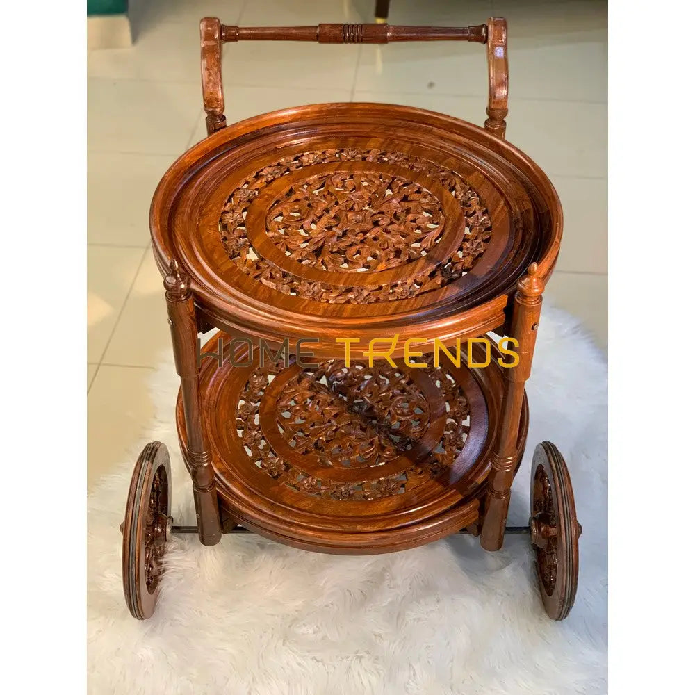 Solid Wood Mesh Round Tea Trolley
