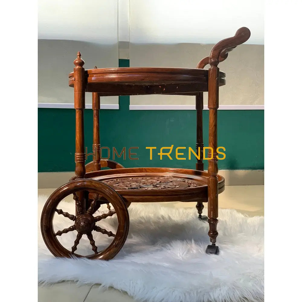 Solid Wood Mesh Round Tea Trolley