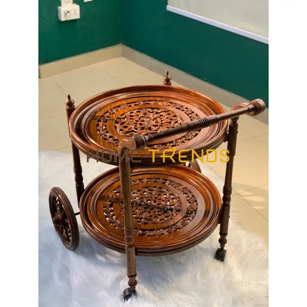 Solid Wood Mesh Round Tea Trolley