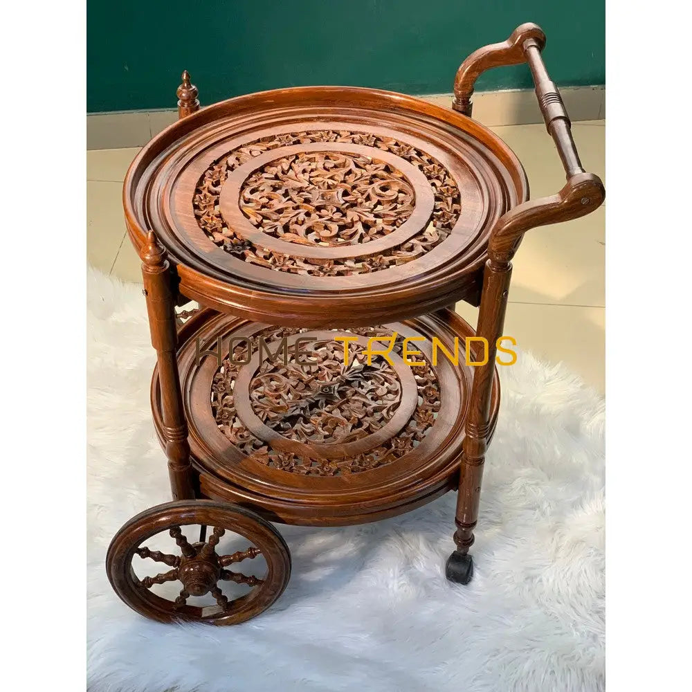 Solid Wood Mesh Round Tea Trolley