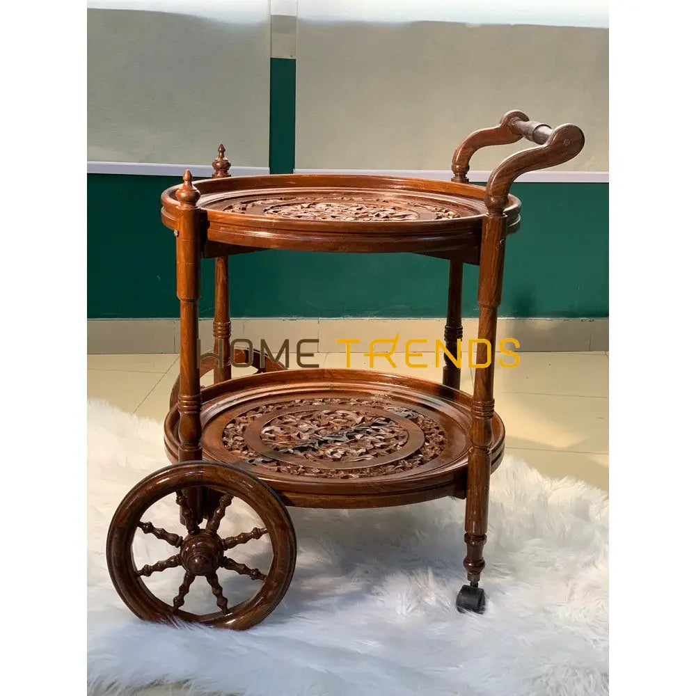 Solid Wood Mesh Round Tea Trolley