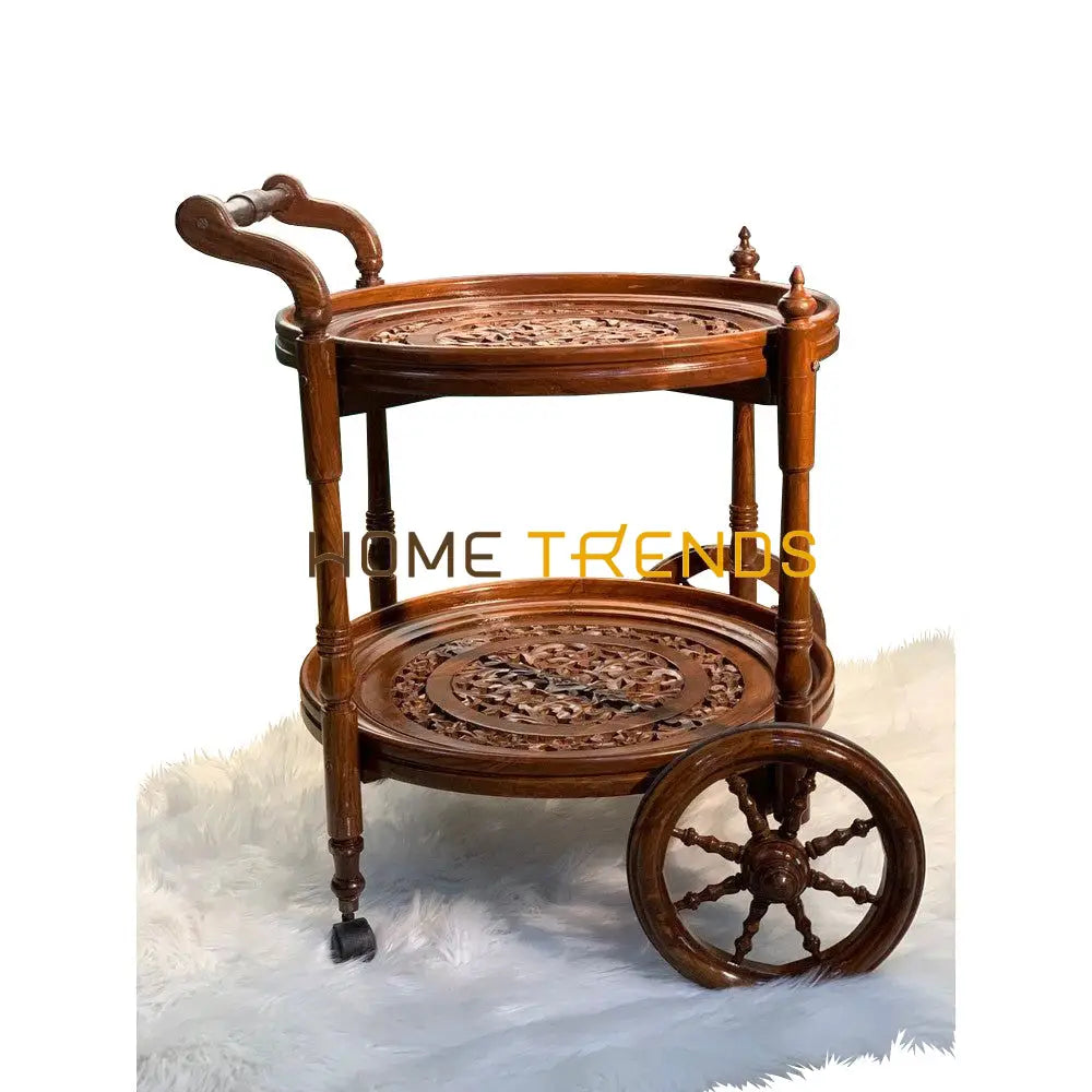 Solid Wood Mesh Round Tea Trolley