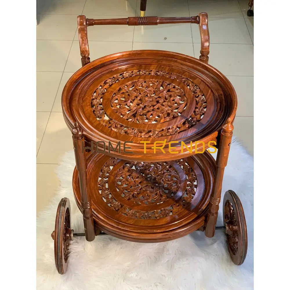 Solid Wood Mesh Round Tea Trolley