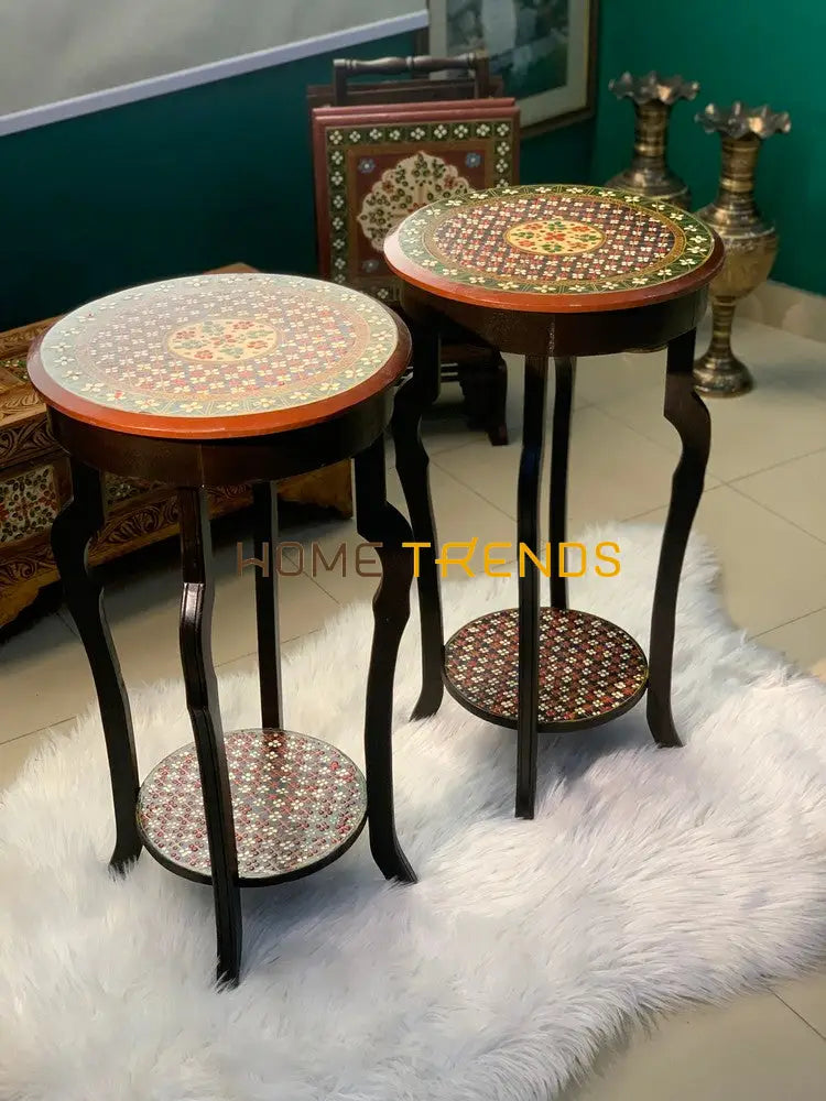 Spin Khwar Swati Solid Wood Hand Painted Flower Table Accent Tables