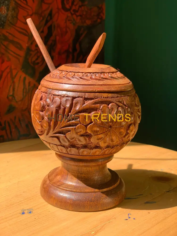 Traditional Carved Brown Small Sugar Pot Pots