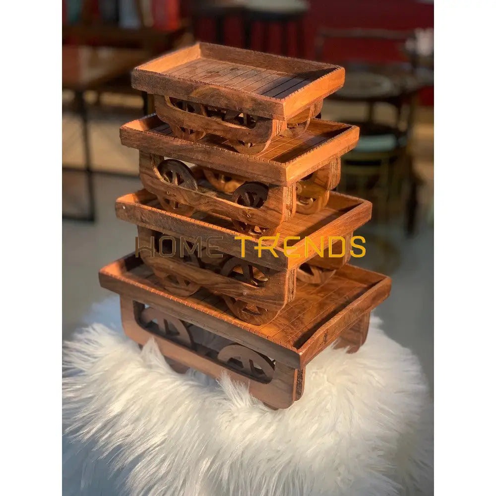 Traditional Wooden Vendor Cart Trays Set Of 4 Serving