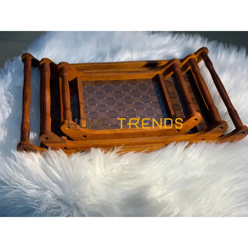 Walnut Dotted Design Tray Set Of 3 Serving Trays
