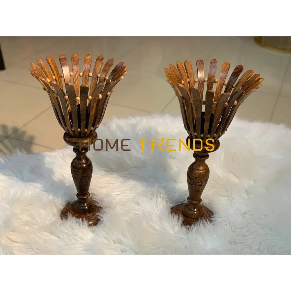 Wooden Brown Glowing Flower Lamp Set Of 2 Lamps