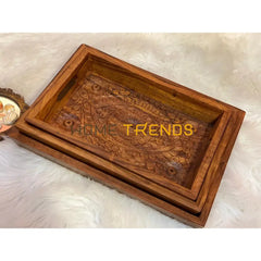 Wooden Floral Design Tray Set Of 3 Serving Trays