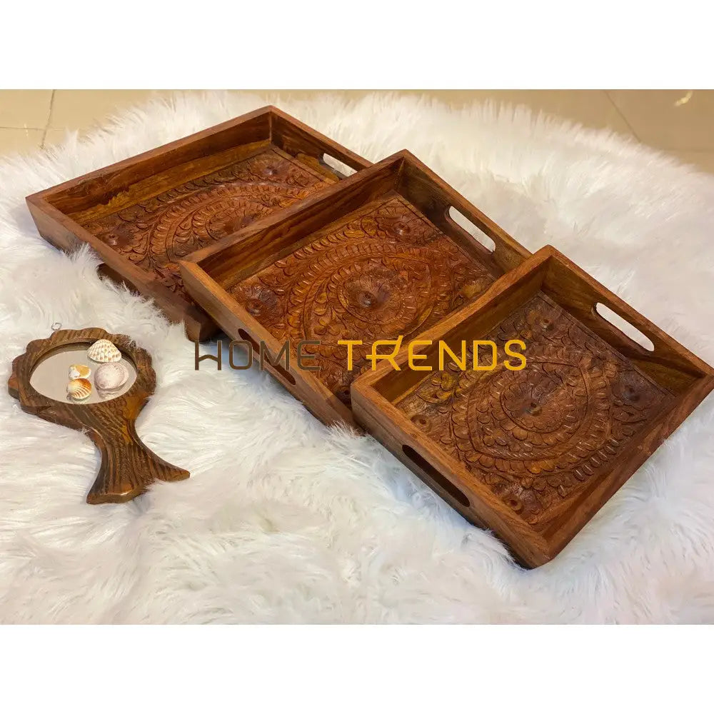 Wooden Floral Design Tray Set Of 3 Serving Trays